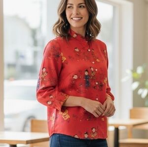 Chico's Design, 100% Washable Silk, Dark Red, Chinese Motif, Chico's sz 0, XS, 4